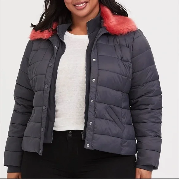 Torrid 2X (18-20) Coat Puffer Jacket Gray Coral Removable Faux Fur Collar Plus - Picture 2 of 10